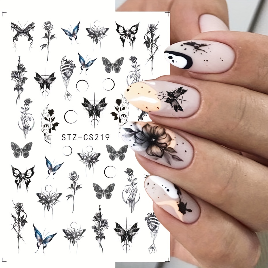 Gothic Nail Art Stickers Self Adhesive Decals Rose Butterfly Skull Designs