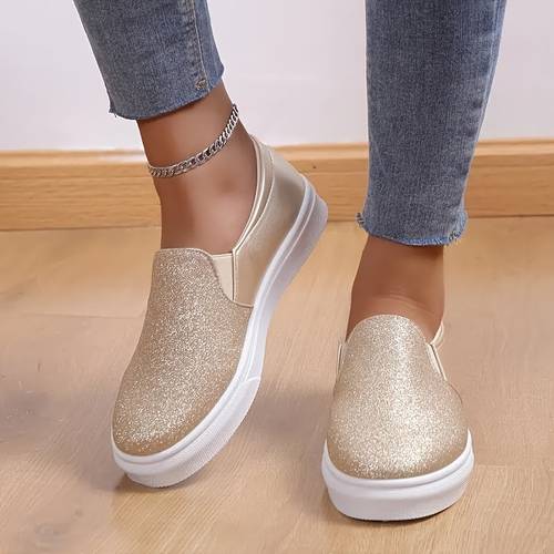 Women's Glitter Flat Shoes, Lightweight Round Toe Slip On Shoes, Casual Low Top Shoes