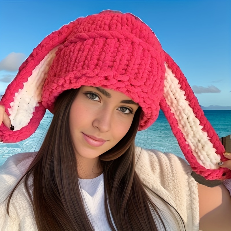 Lius Femmes Hiver Tricot Bonnet Chapeau Mignon Lapin Oreilles de Lapin  crâne Casquette fête Oreille Plus Chaud : : Mode