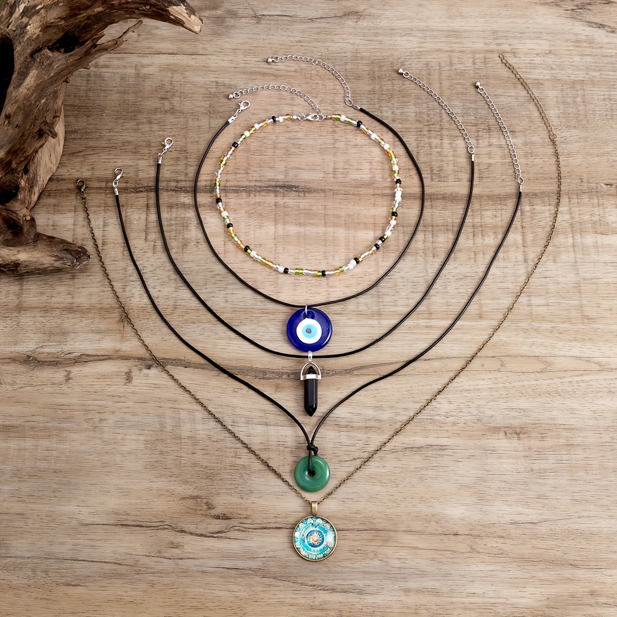5 Stück Boho Vintage Kristall Blaue Augen Anhänger Gemischte Bunte Perlen  Ethnische Mehrschichtige Halskette Set
