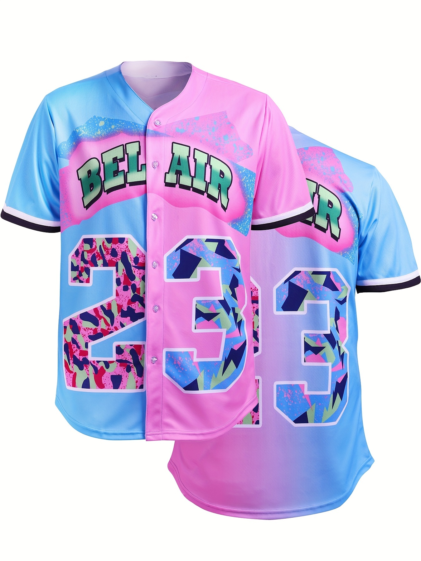 Temu Men's Bel Air #23 Baseball Jersey, 90's City Theme Party Clothing, Hip Hop Color Block Button Up Short Sleeve Shirt Suitable for Birthday Parties