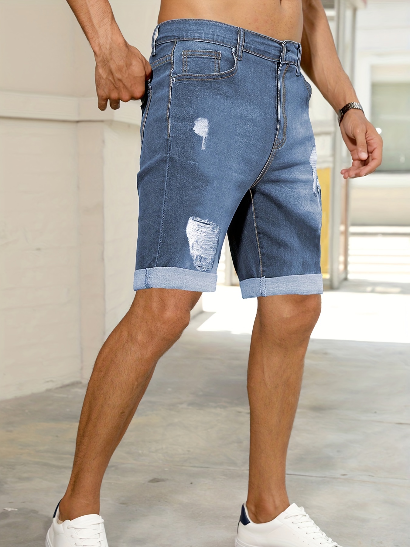 Men's Casual Jeans Ripped Fashion Slim Fit Denim Shorts - Temu Canada