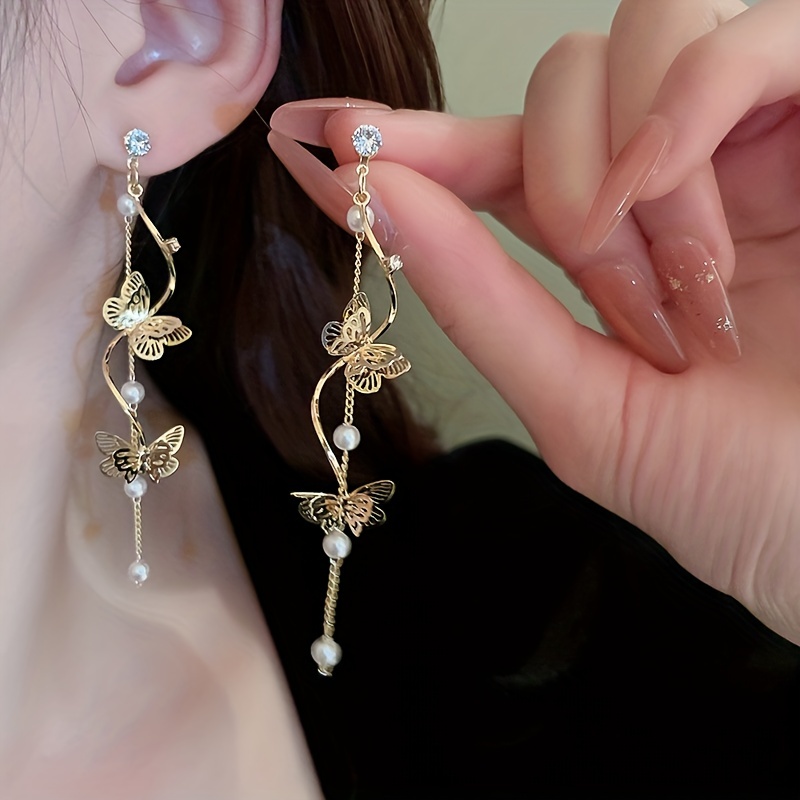 Butterfly Faux Pearl Stud Earrings with Long Tassel