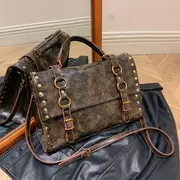 retro rivet decor handbag literary pu leather crossbody bag simple large capacity briefcase bag details 6
