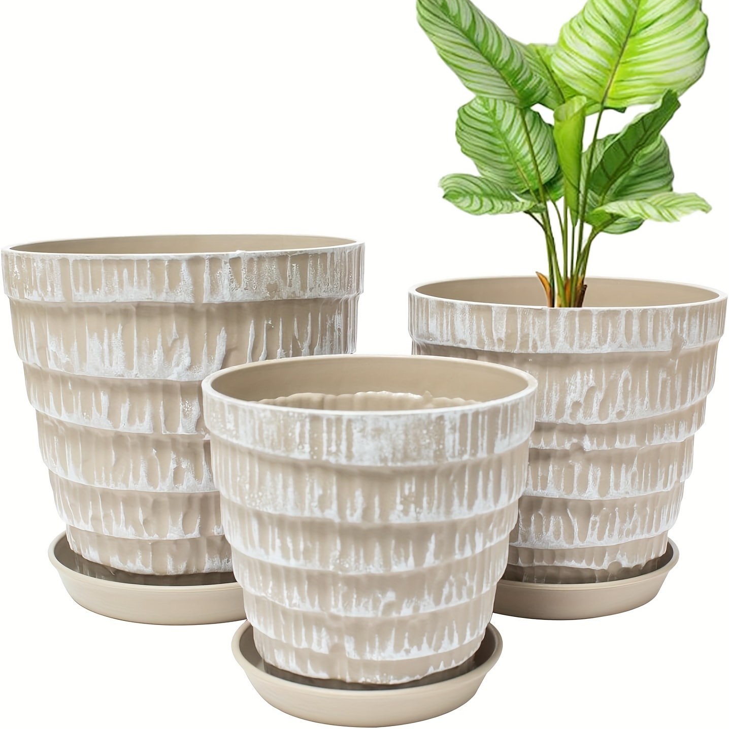 

Casual Striped Plastic Plant Pots Set Of 3 With Drainage Holes & Saucers - Weather Resistant Round Flower Pots For Indoor And Outdoor Use, Includes Lacquered Finish & Tabletop Mounting Type