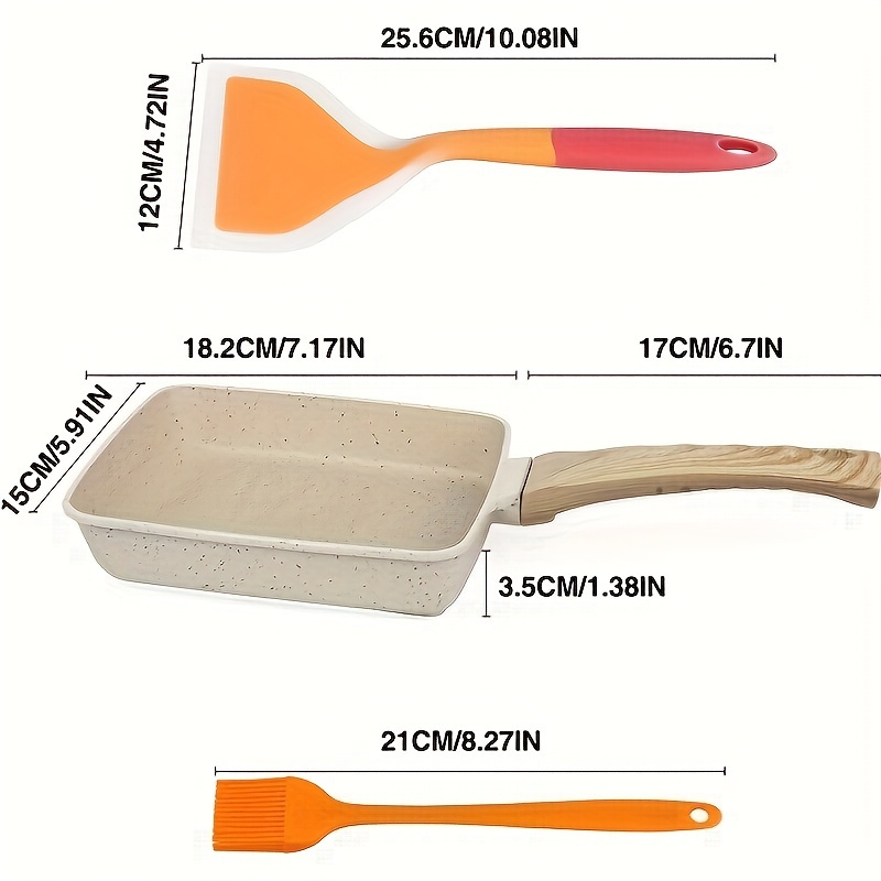 1pc japanese   ceramic frying pan rectangular non stick cookware with insulated silicone handle   silicone spatula and oil brush hand wash only details 2