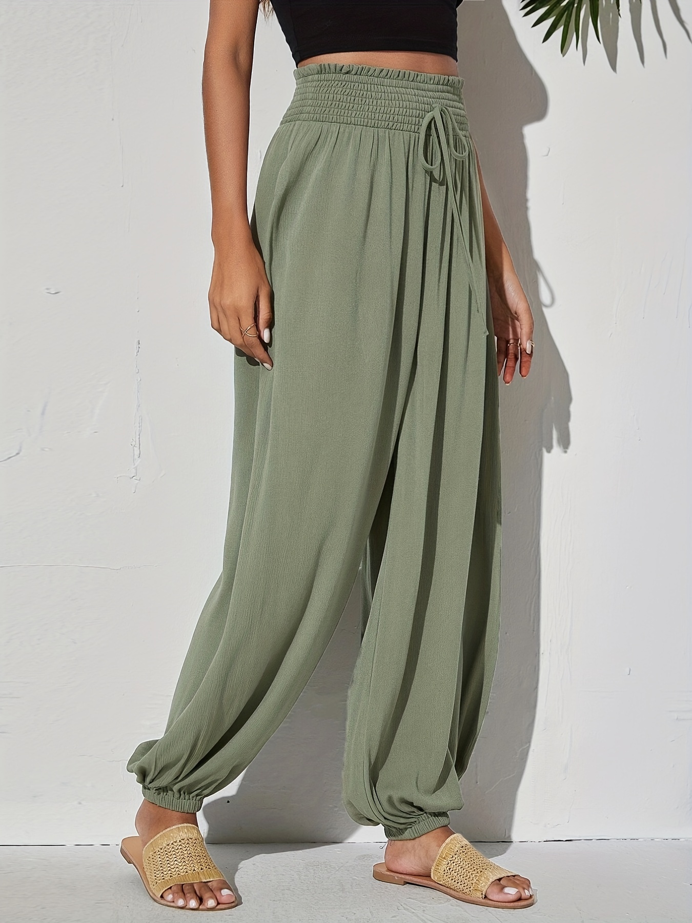 Minimalist Solid Drawstring Pants Casual Long Length Elastic - Temu Canada