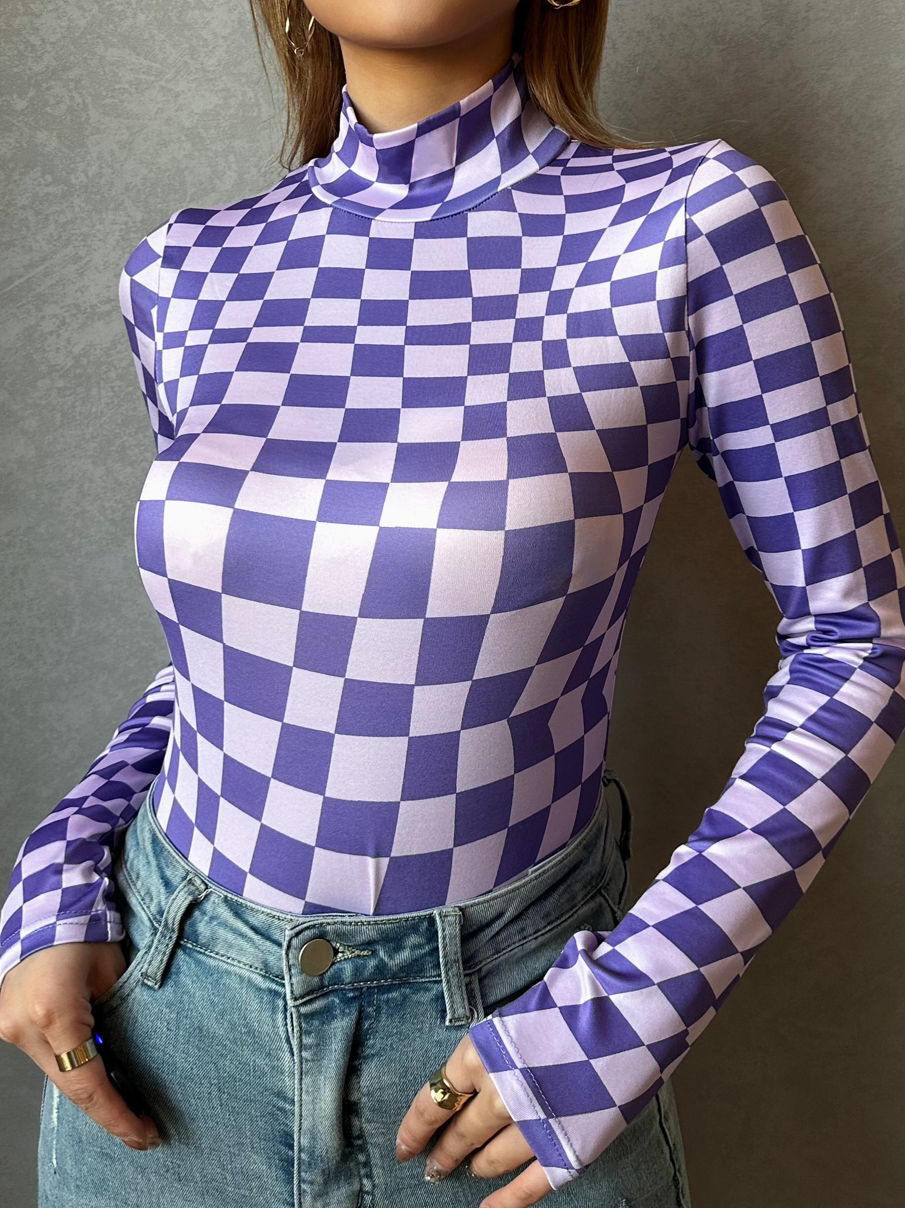 Plaid Print Mock Neck Bodysuit Casual Long Sleeve Slim - Temu Canada