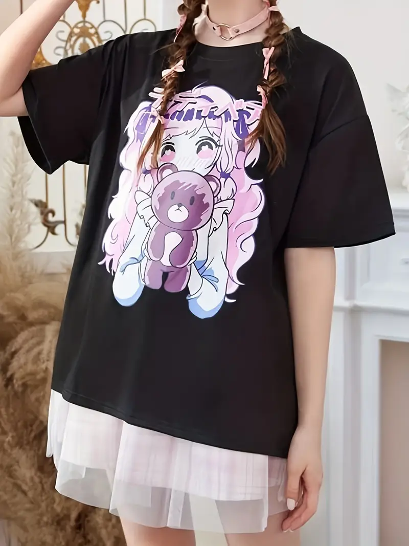 Camiseta Kawaii Anime Girl Print, manga curta gola redonda Top