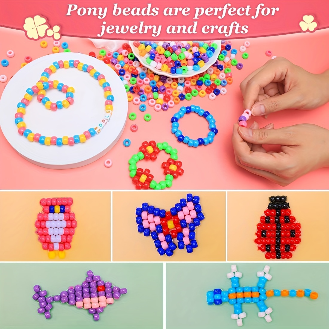 Pony Beads Bulk 1100 Pcs, Beads for Jewelry Making, Beads for Bracelets  Making, Hair Beads, Bracelet Beads, Plastic Beads for Crafts, Hair Beads  for