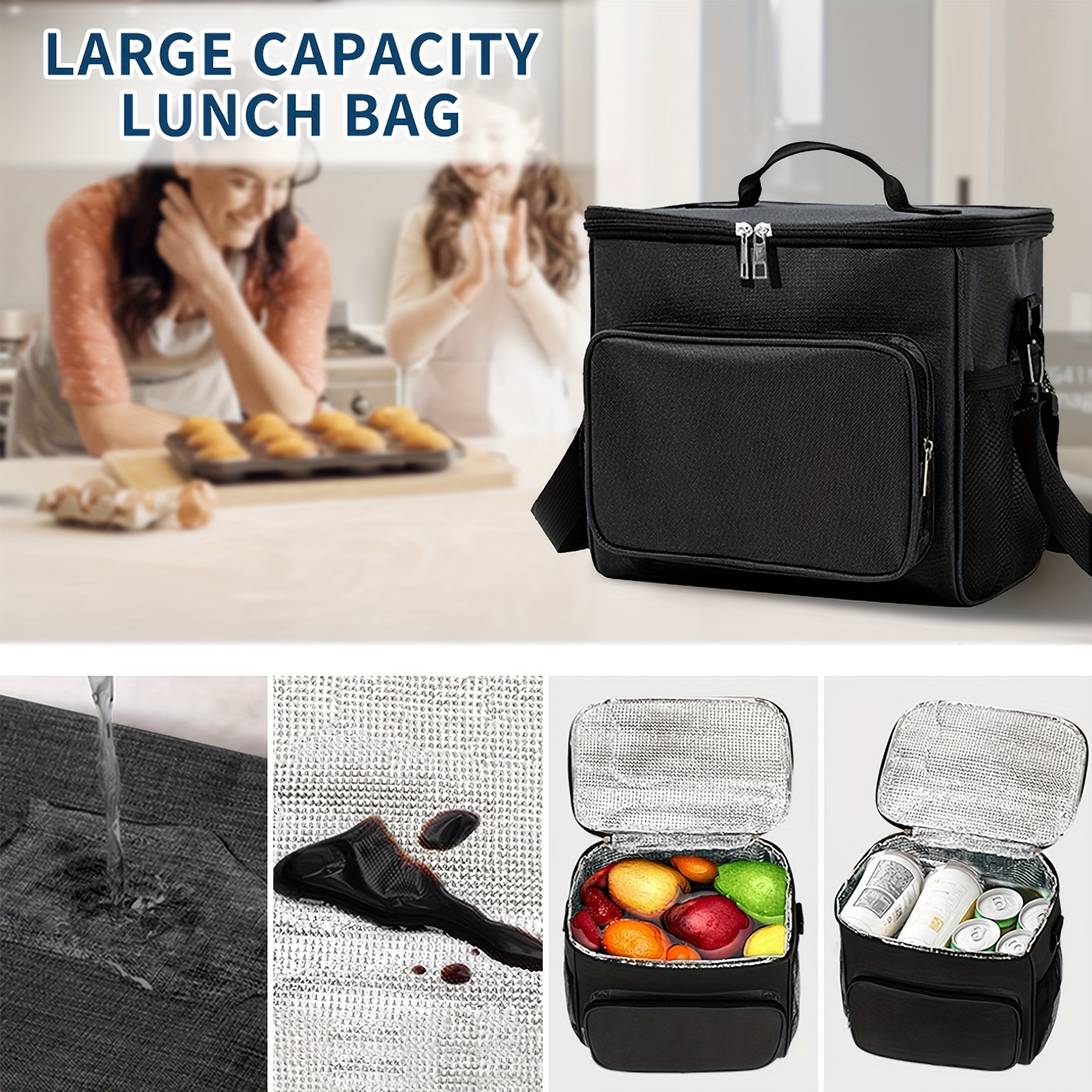 Men's Work Lunch Box Insulated large lunch bag Leak-free Adult women's lunch  Box Cooler Travel Beach Picnic Office, black 