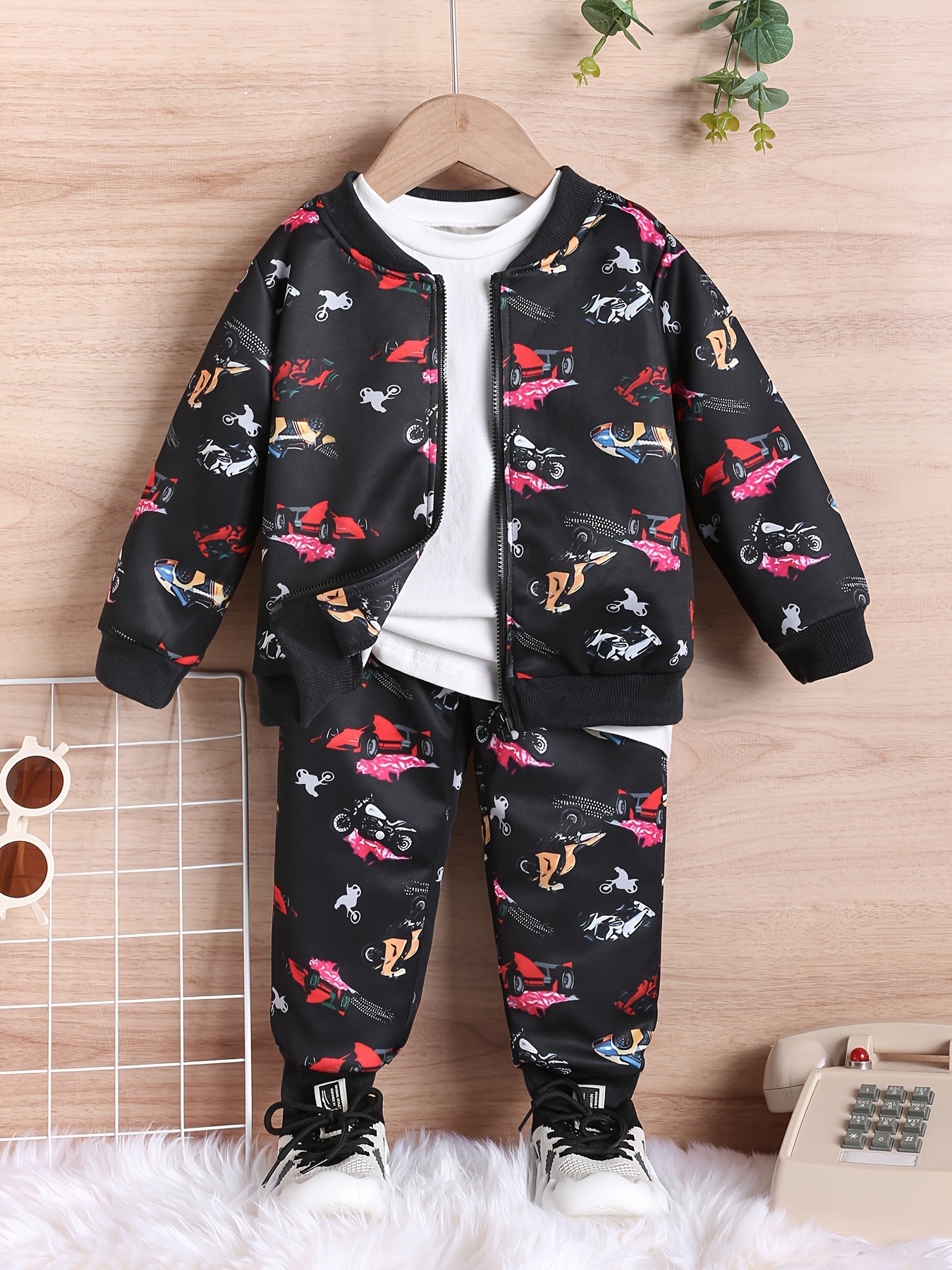 2pcs Boy's Sports Car Pattern Bomber Jacket Outfit, Varsity Jacket & Track  Pants Set, Casual Long Sleeve Coat, Kid's Clothes For Spring Fall Winter, 