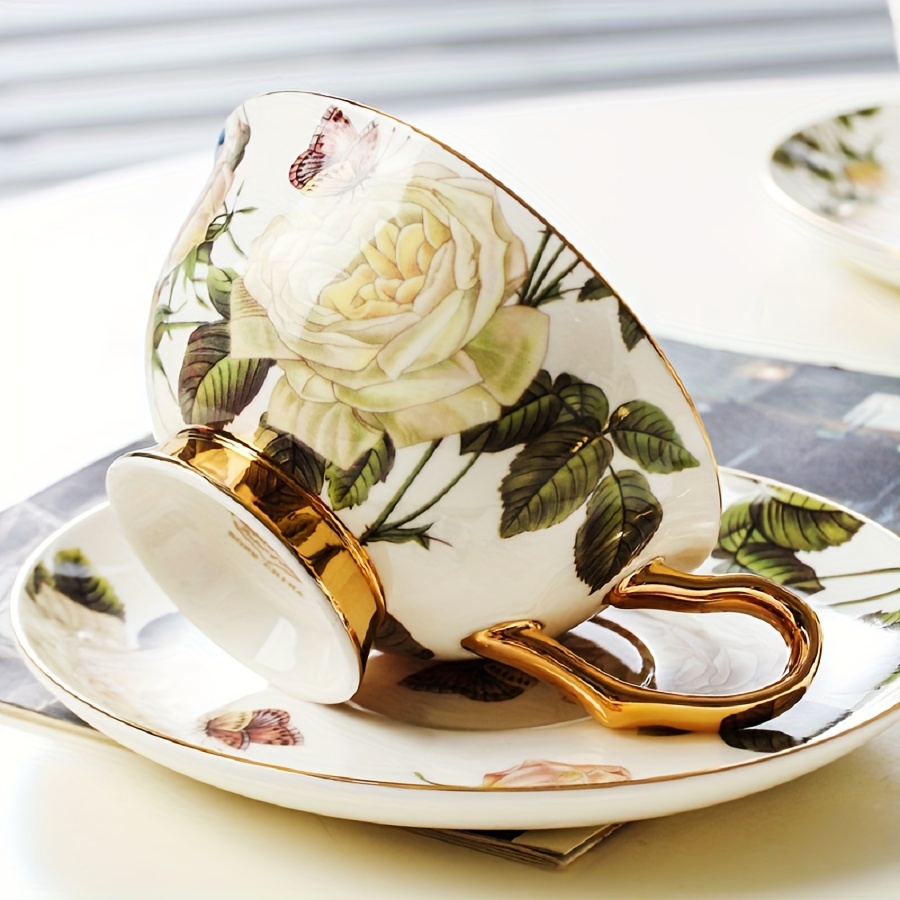 Ceramic Flower Gold Tea Cup, Set of 4
