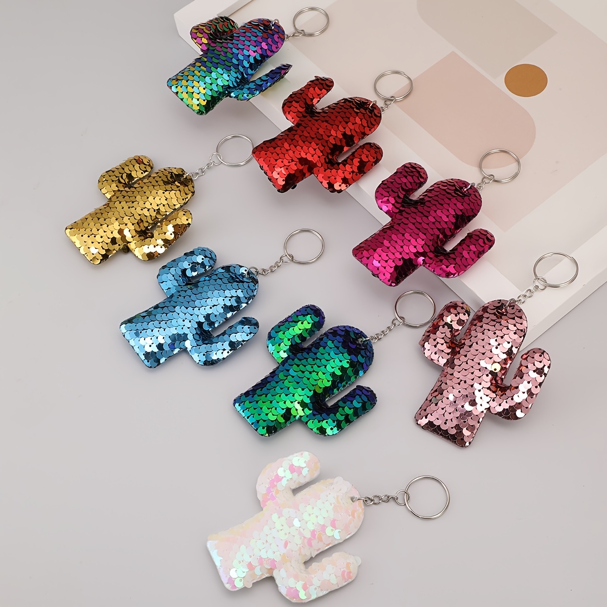 8pcs Sequin Cactus Keychains - PET Sequin Pendants Bag Key Chain Keyring