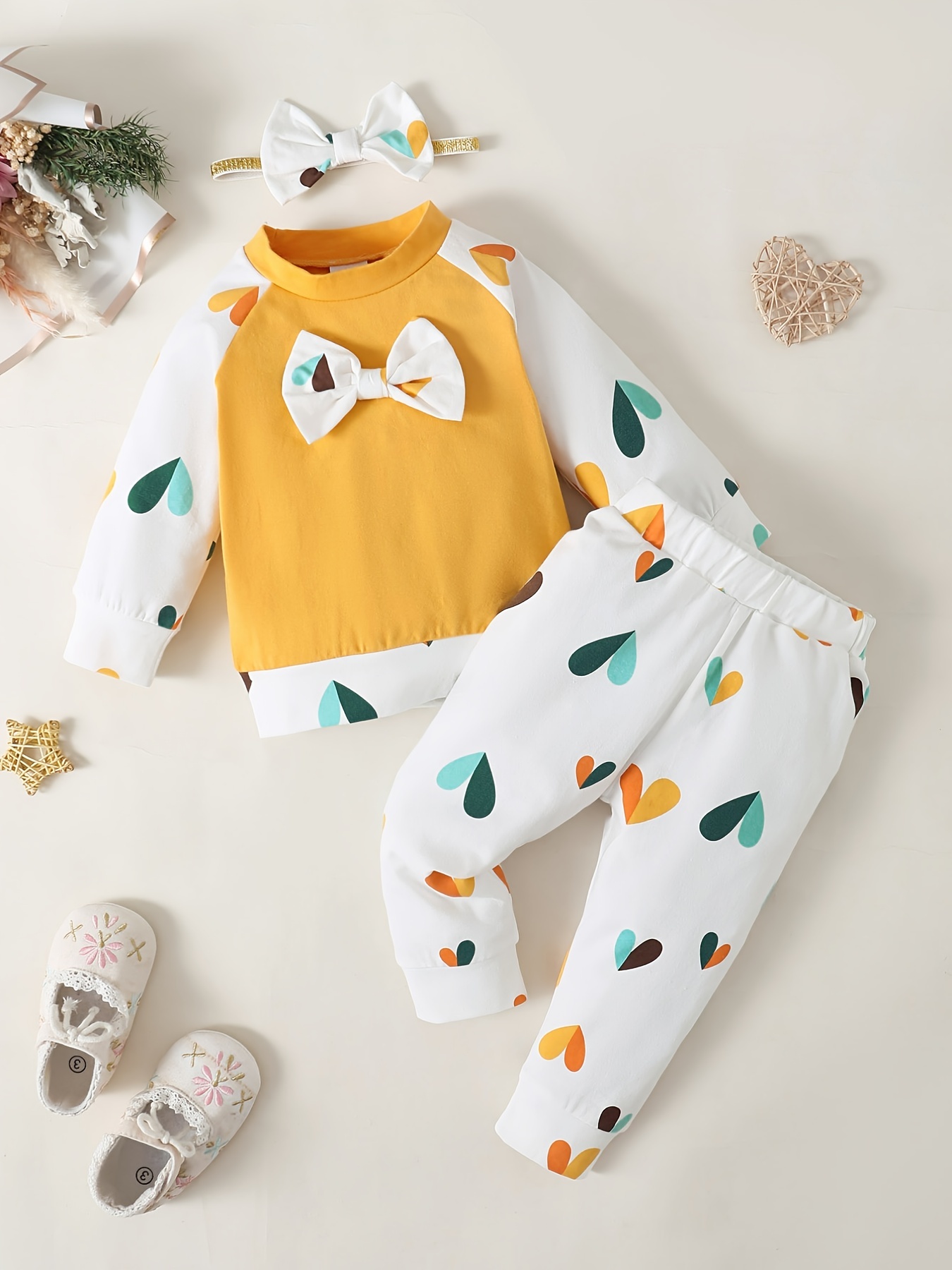 Cute Heart Print Matching Two piece Set Casual Long Sleeve T - Temu