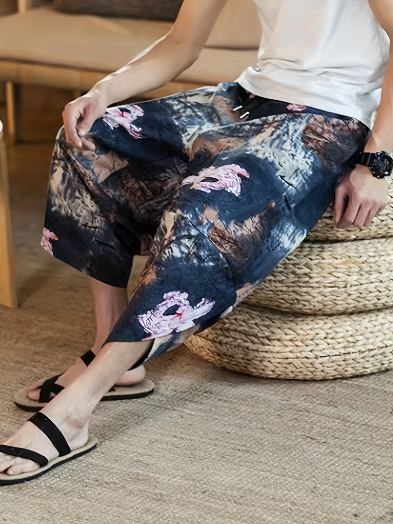 Ethnic Style Cotton Linen Summer Women's Pants Printing Drawstring Waist  Pants Trousers Loose Casual Pants