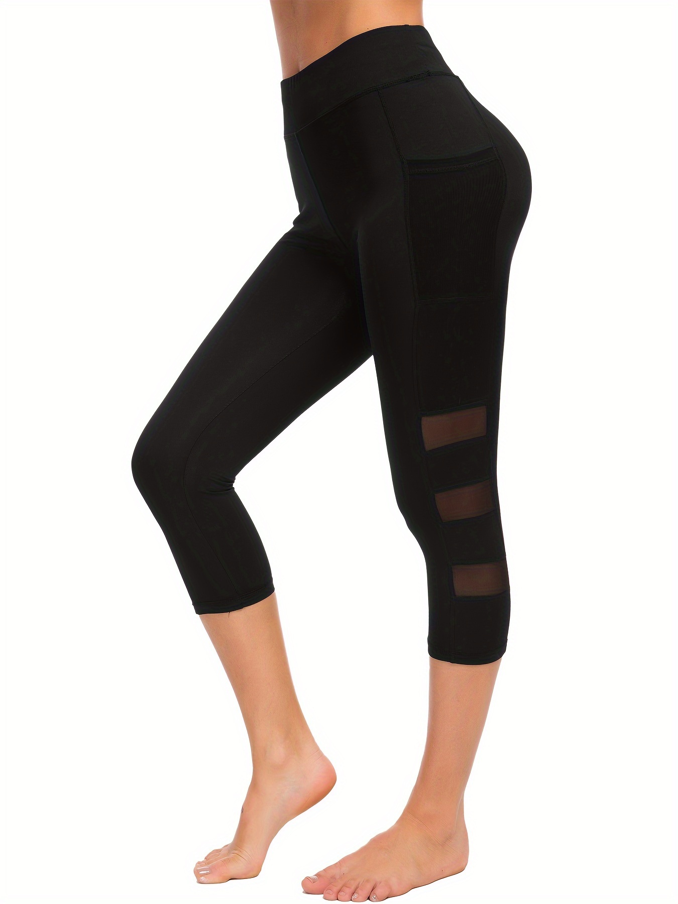mesh contrast breathable sports yoga capri leggings high waist stretch workout running capri pants womens activewear