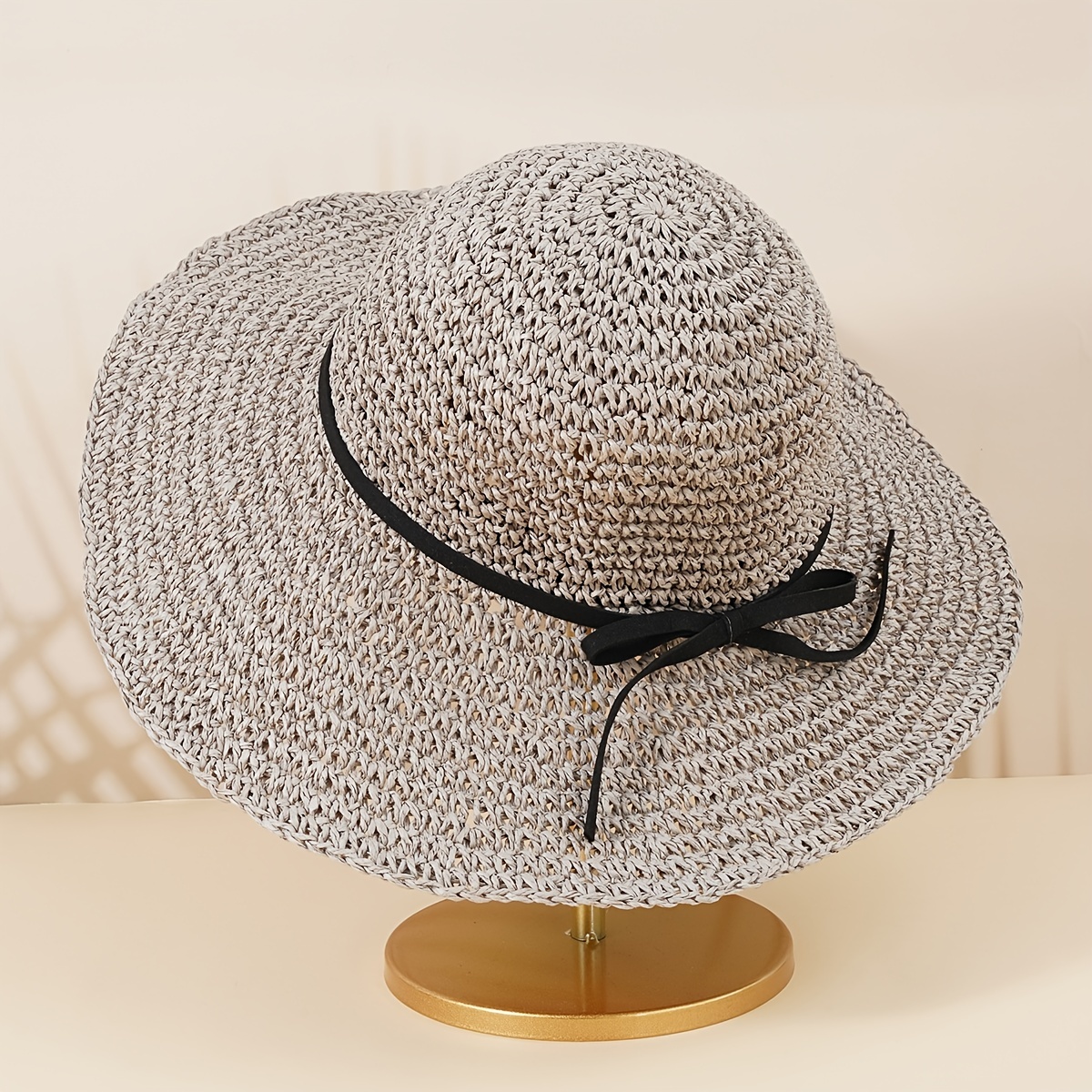 Boho Straw Hat with Thin Bow Tie for Beach Travel