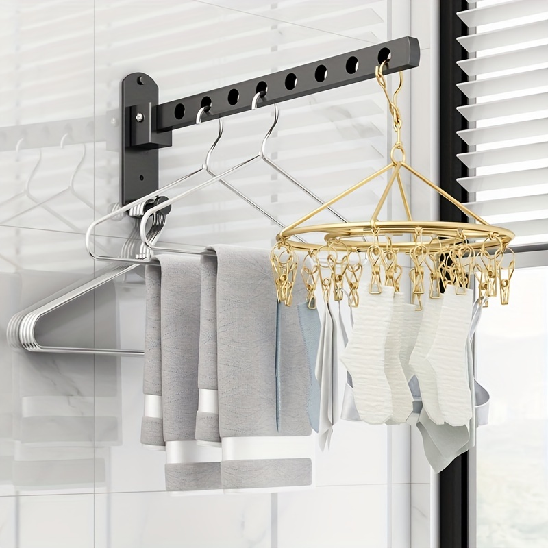 

1pc No Punch Drying Rack, Stainless Steel Balcony Multifunctional Clothes Hanger Pole, Bathroom Wall Hanging Folding Clothes Shelf With Holes, 6 Holes Length 9.8inch/8 Holes Length 12.6inch