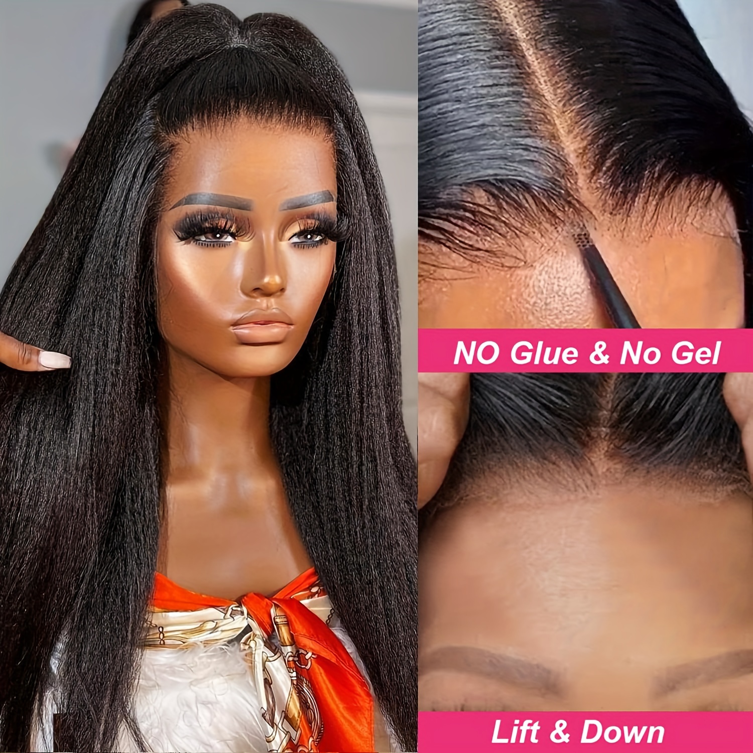 Wear And Go Glueless Wig Kinky Straight Lace Pre Cut 4x4 Hd - Temu