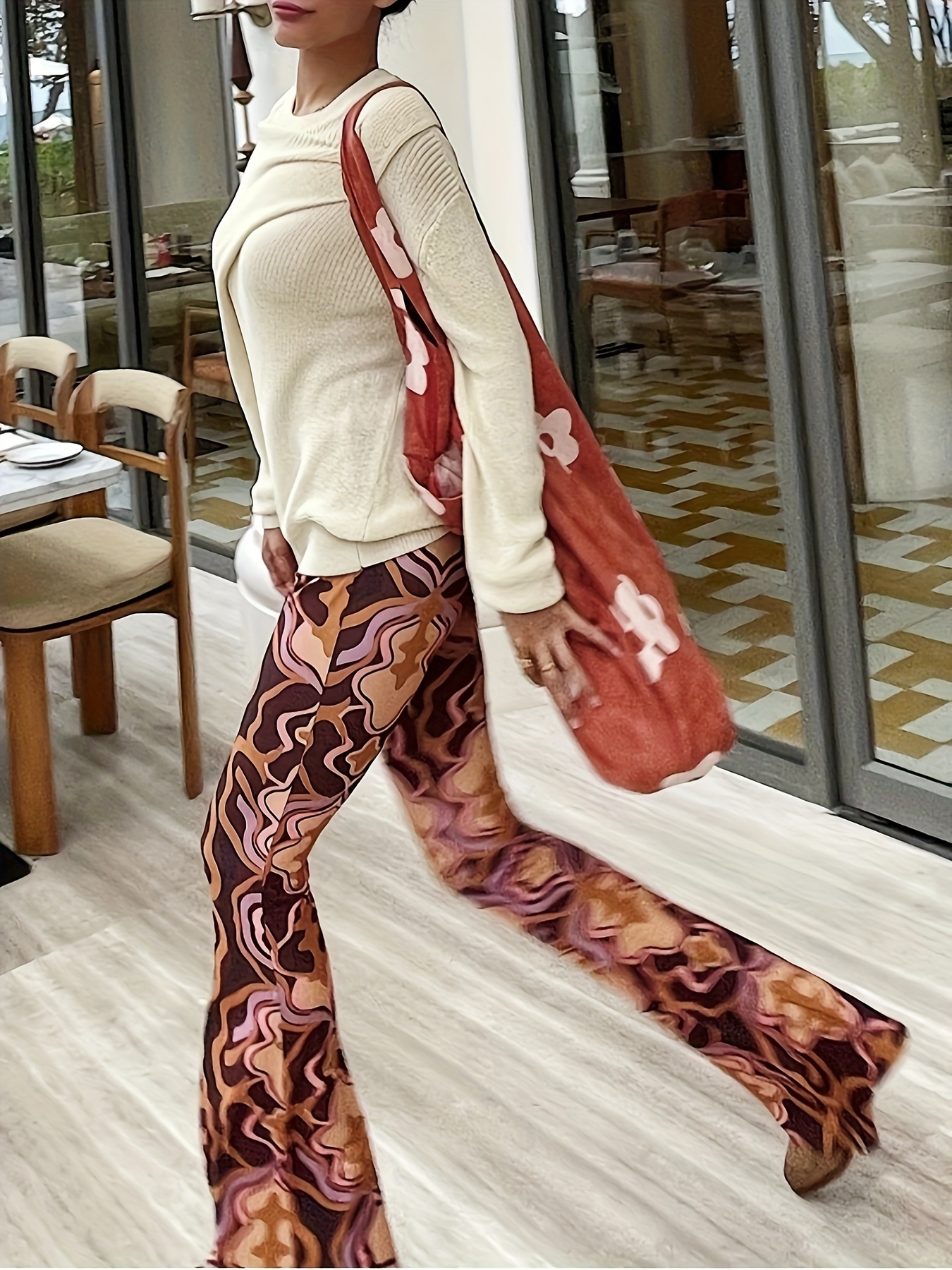 Graphic Print High Waist Pants Casual Flare Leg Pants - Temu