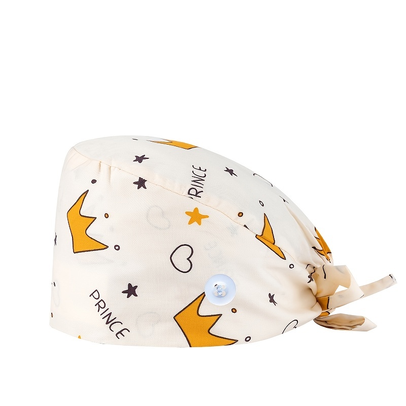 Cartoon Print Work Hat Adjustable Nurse Hat With Buttons Elastic Scrub Cap