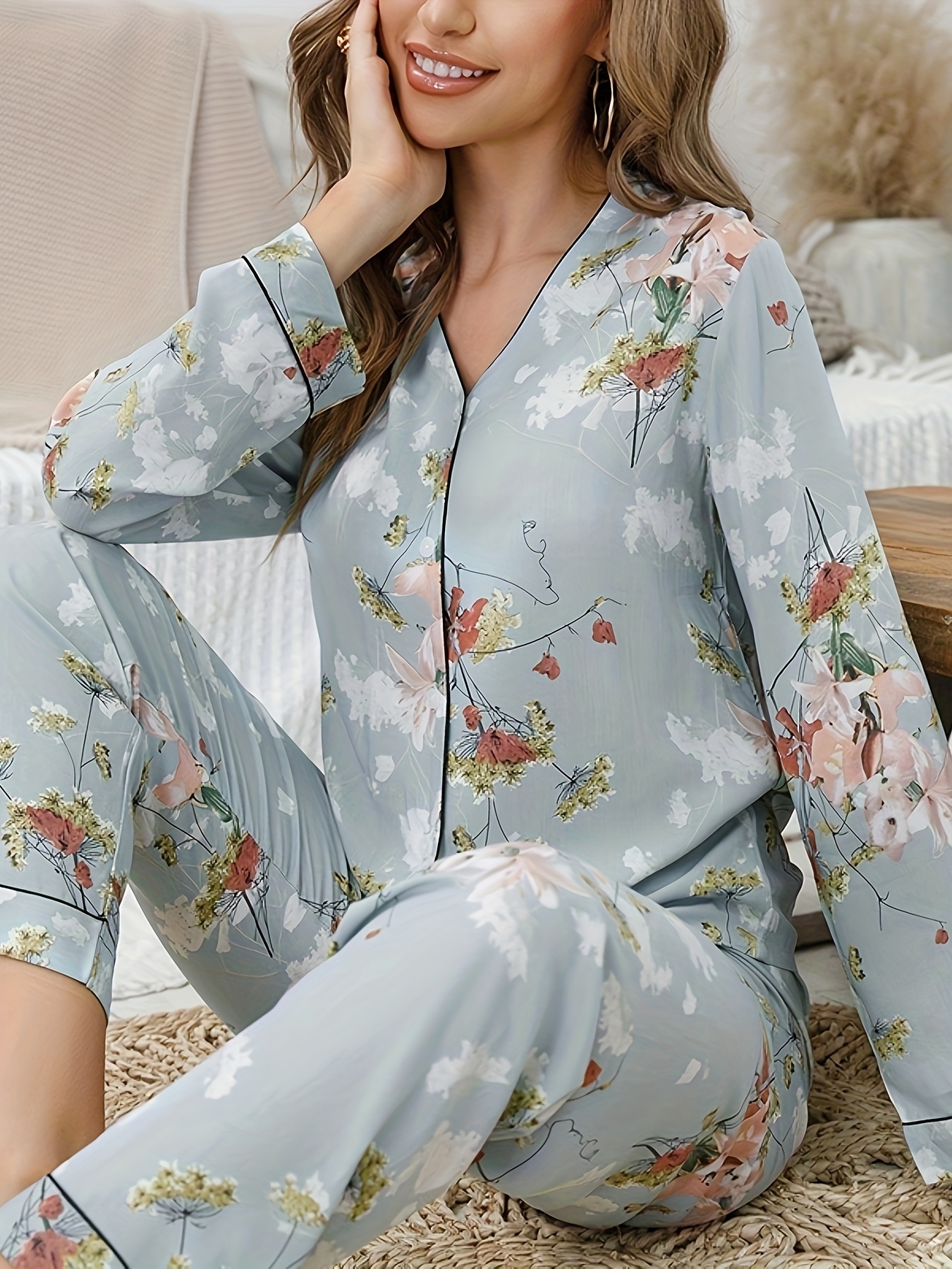 Comfy Mushroom Pajama Set with V-Neck and Pockets