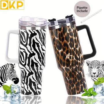 insulated tumbler with handle straw leopard zebra prints 304 stainless steel 40oz capacity perfect for outdoor camping travel men women gift