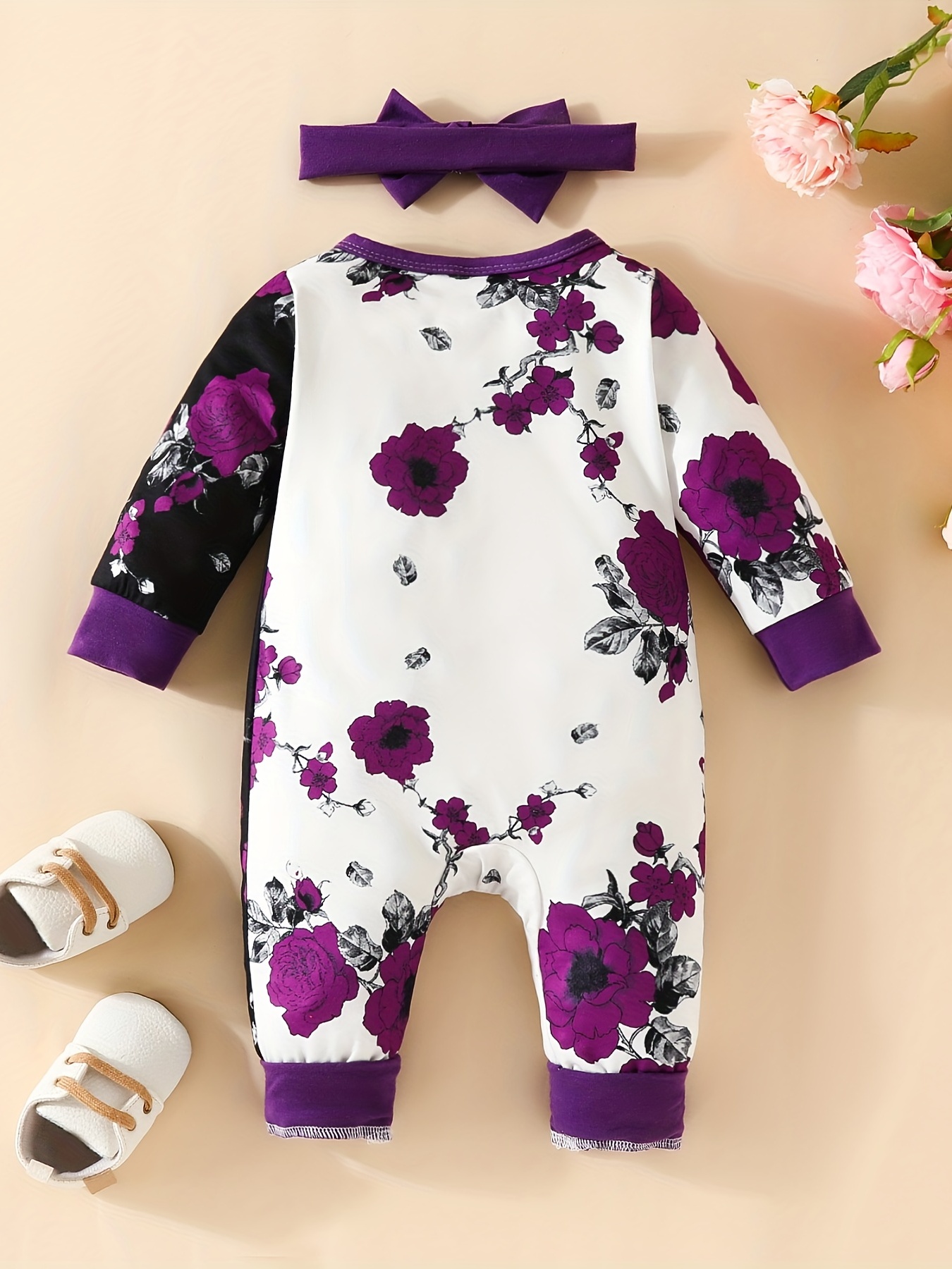 Purple bodysuit with straps with retro flowers in stretch jersey, baby -  Souris Mini – Souris Mini