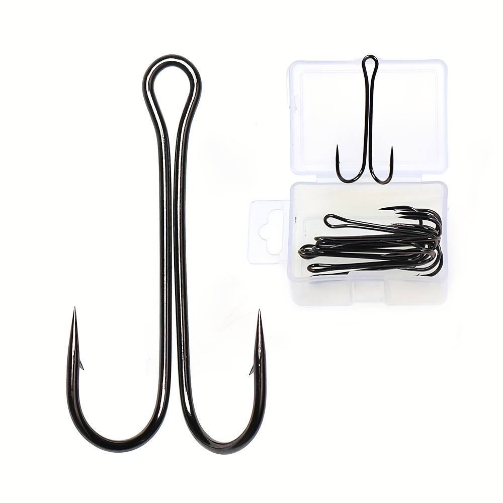 10pcs #1 #2 #4 #6 Long Shank Double Hook, High Carbon Steel Barbed Hook,  Fishing Tackle For Perch Pike Sea Bass Fishing