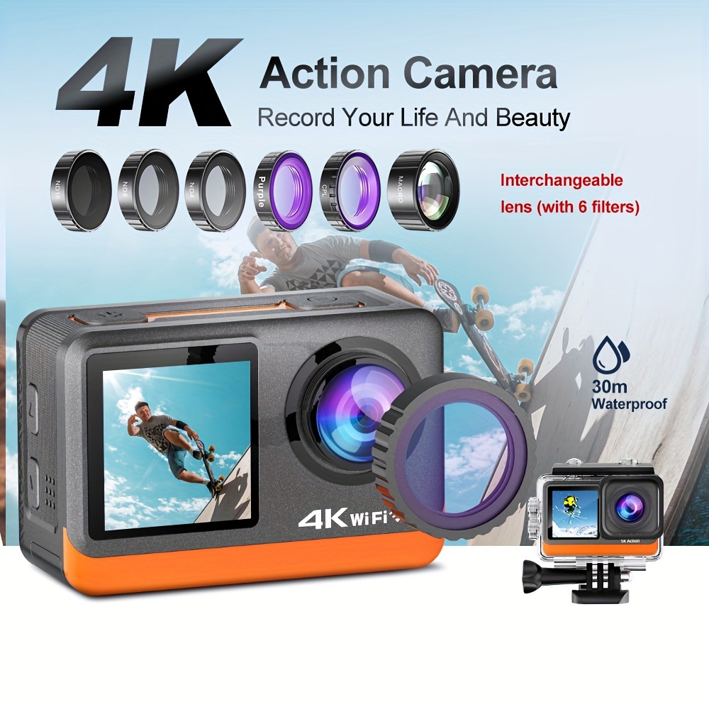 Action Camera 4K/30FPS WiFi Waterproof Camera Underwater 98FT Sports Camera  2*Battery and Multifunctional Accessories Action Camera