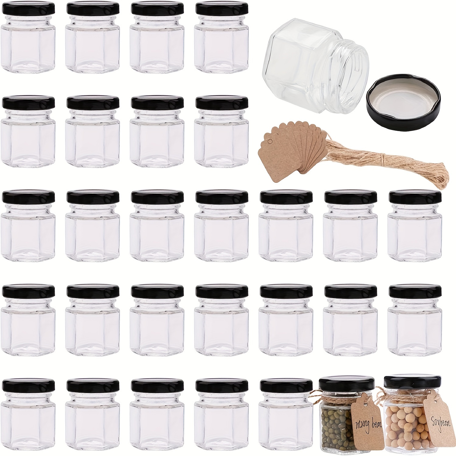 1.5 oz Clear Hexagon Jars,Small Glass Jars With Lids(black),Mason Jars For  Herbs,Foods