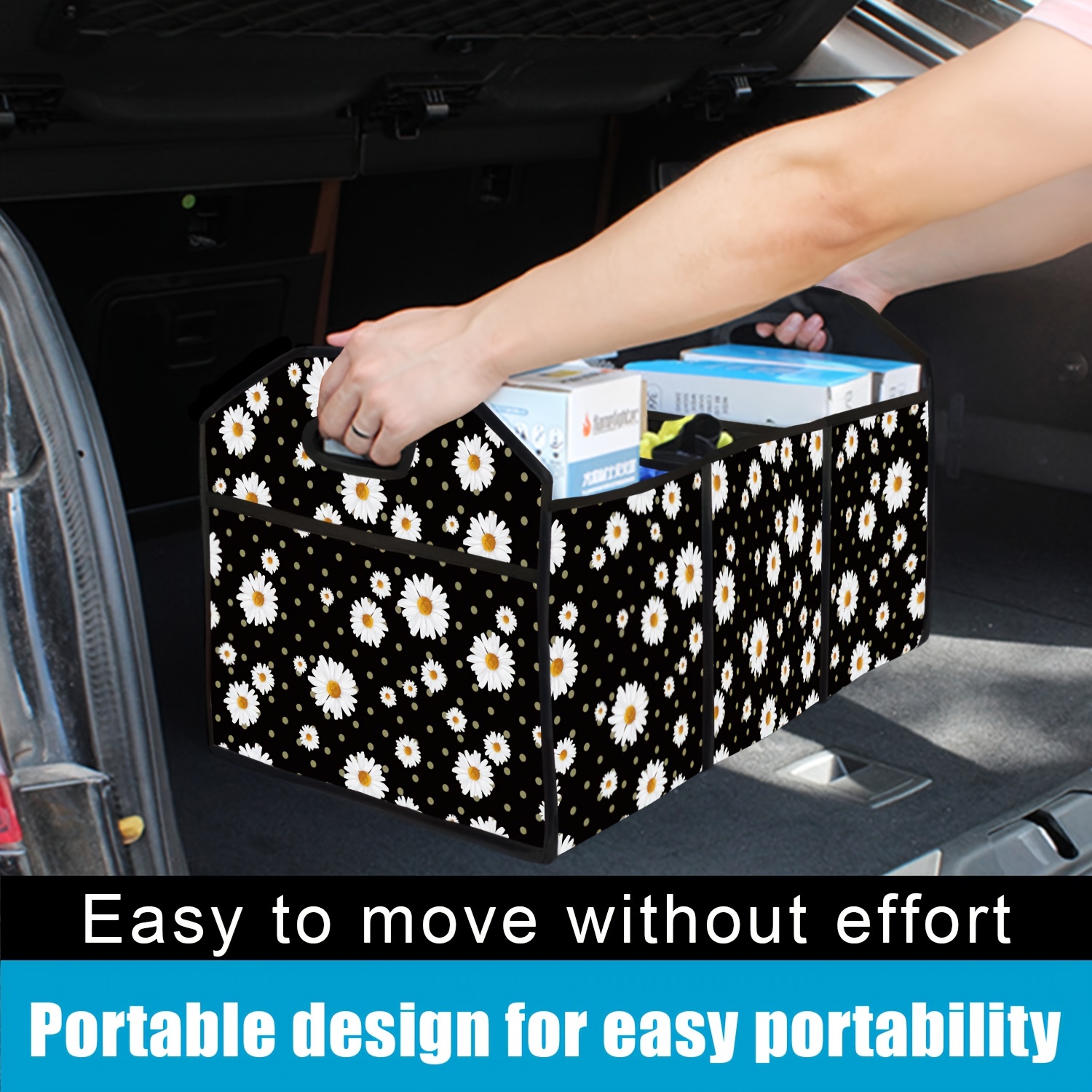 

1pc Daisy Printed Car Trunk Organizer, Large Capacity, Waterproof, Foldable & With Pockets, Trunk Storage Bag For Car, Suv, Sedan