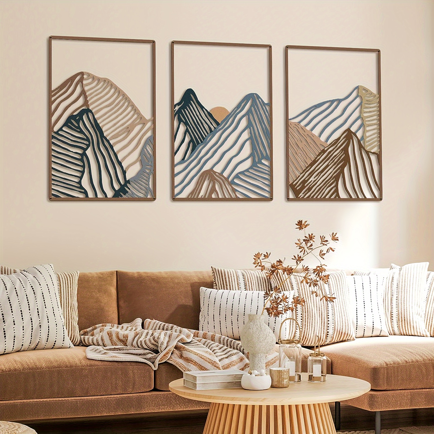 

3pcs/aet Minimalist Mountain Landscape Metal Wall Art, Square Hollow-out Panels, Modern Home Decor For Living Room, Bedroom, Office, Sunset Artistic Hanging Decor, Room Decor