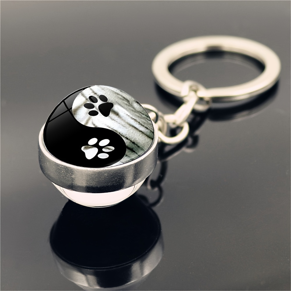 1pc Fashion Diy Double-sided Spherical Keyring Keychain Black And White Tai Chi Dog Paw Print Glass Alloy Keyring Keychain For Men And Women Birthday Graduation Christmas Holiday Party Creative Gifts