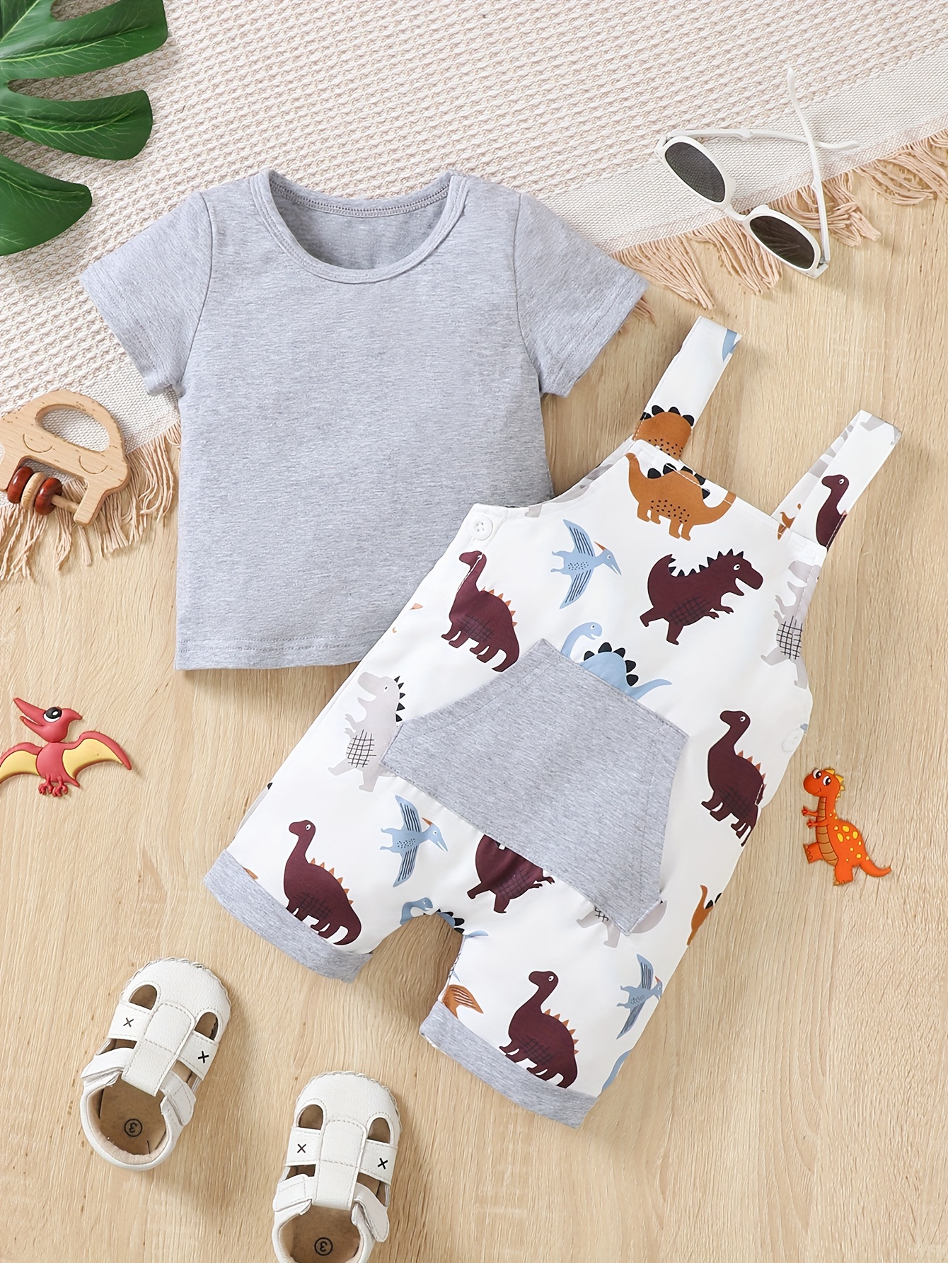 Ensemble barboteuse + t-shirt imprimé dinosaures pour bébé garçon