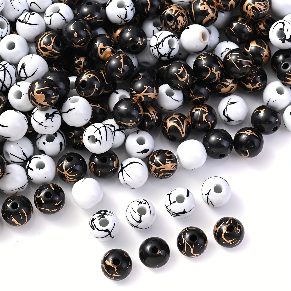 8mm 100pcs Random White Black Round Beads Acrylic Golden Color Wire Drawing Pattern Beads For Jewelry Making Diy Chain Accessories