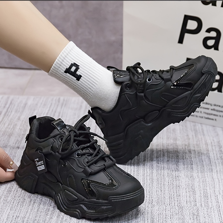 Black Platform Sneakers Women s Comfortable Versatile Lace - Temu