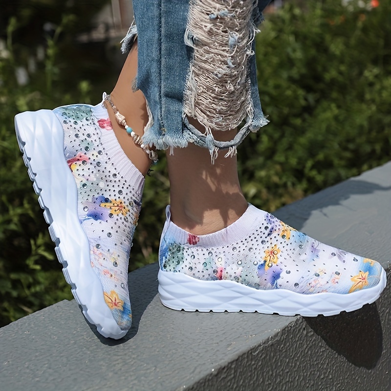 Women's Fashion Sock Sneakers Rhinestone Decor Slip On Low - Temu