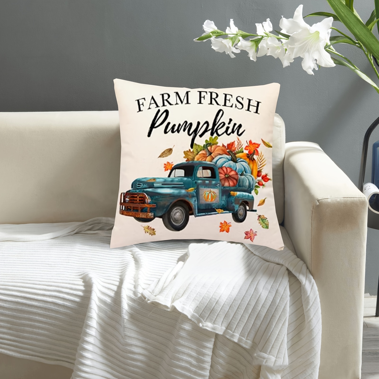 Fall Pillow Covers Happy Fall Pumpkin Truck Floral Pillows - Temu