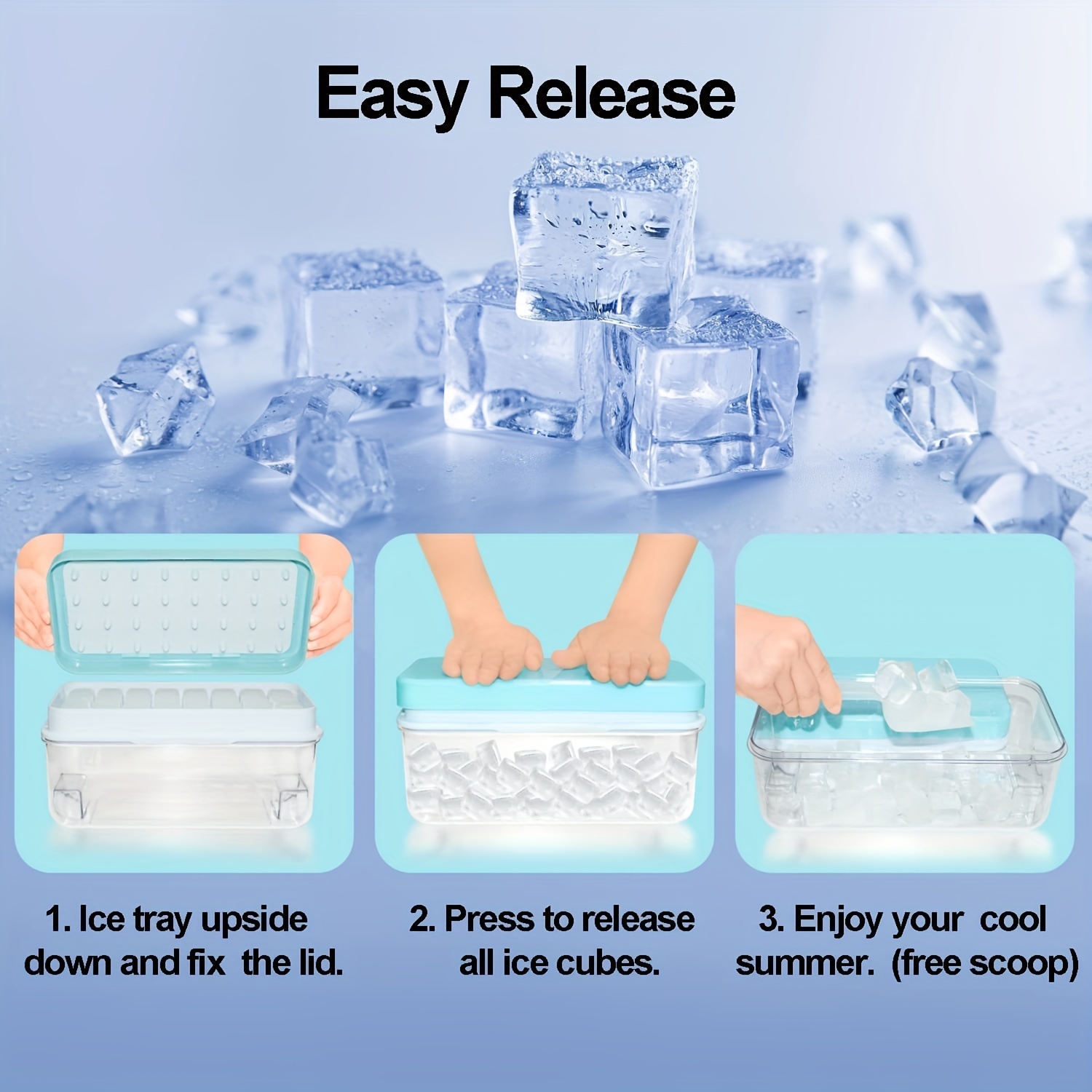 Ice Cube Tray With Lid And Bin For Freezer, Press Type Easy