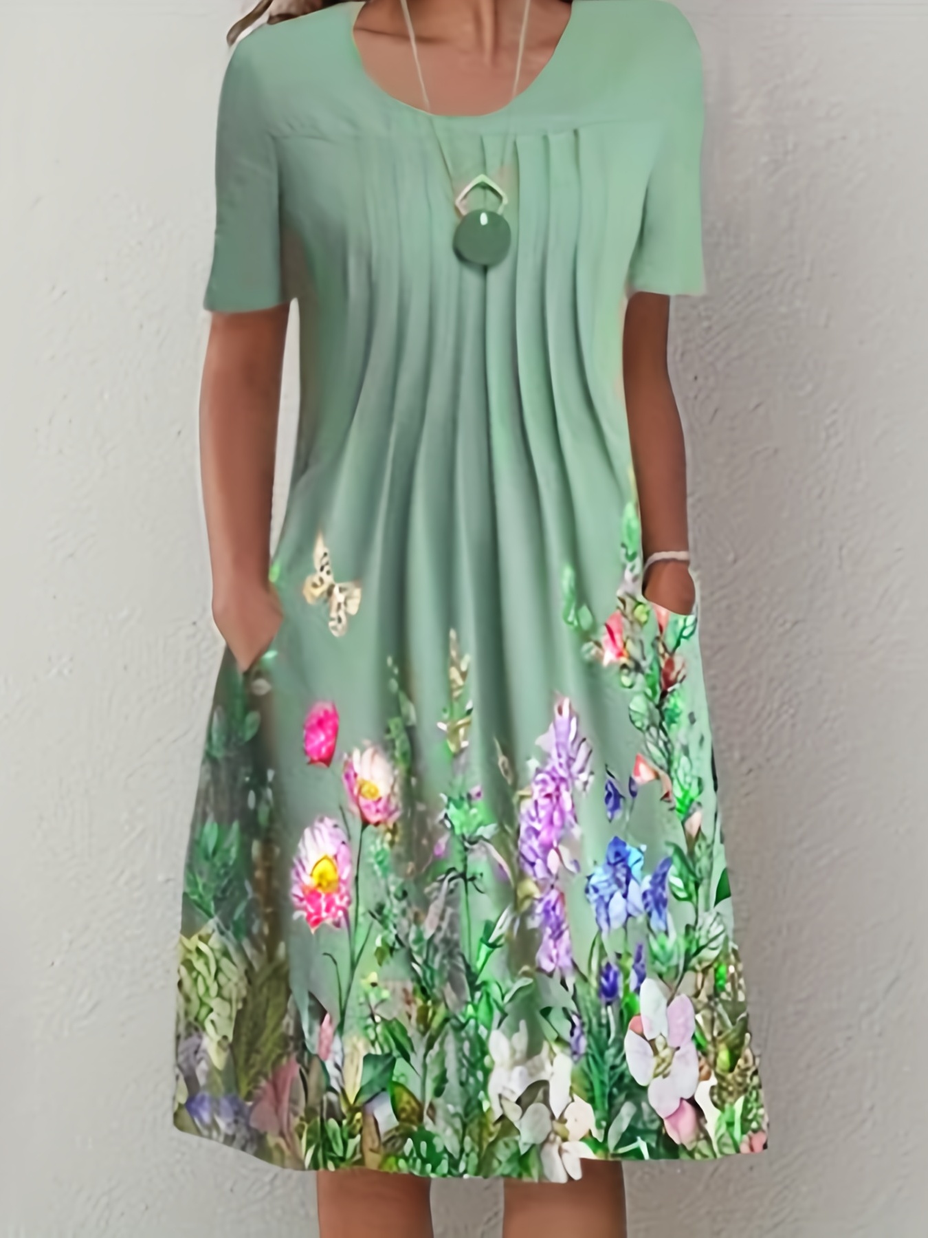 Blommönster Plisserad klänning fram, Casual kortärmad klänning med dubbla fickor, damkläder