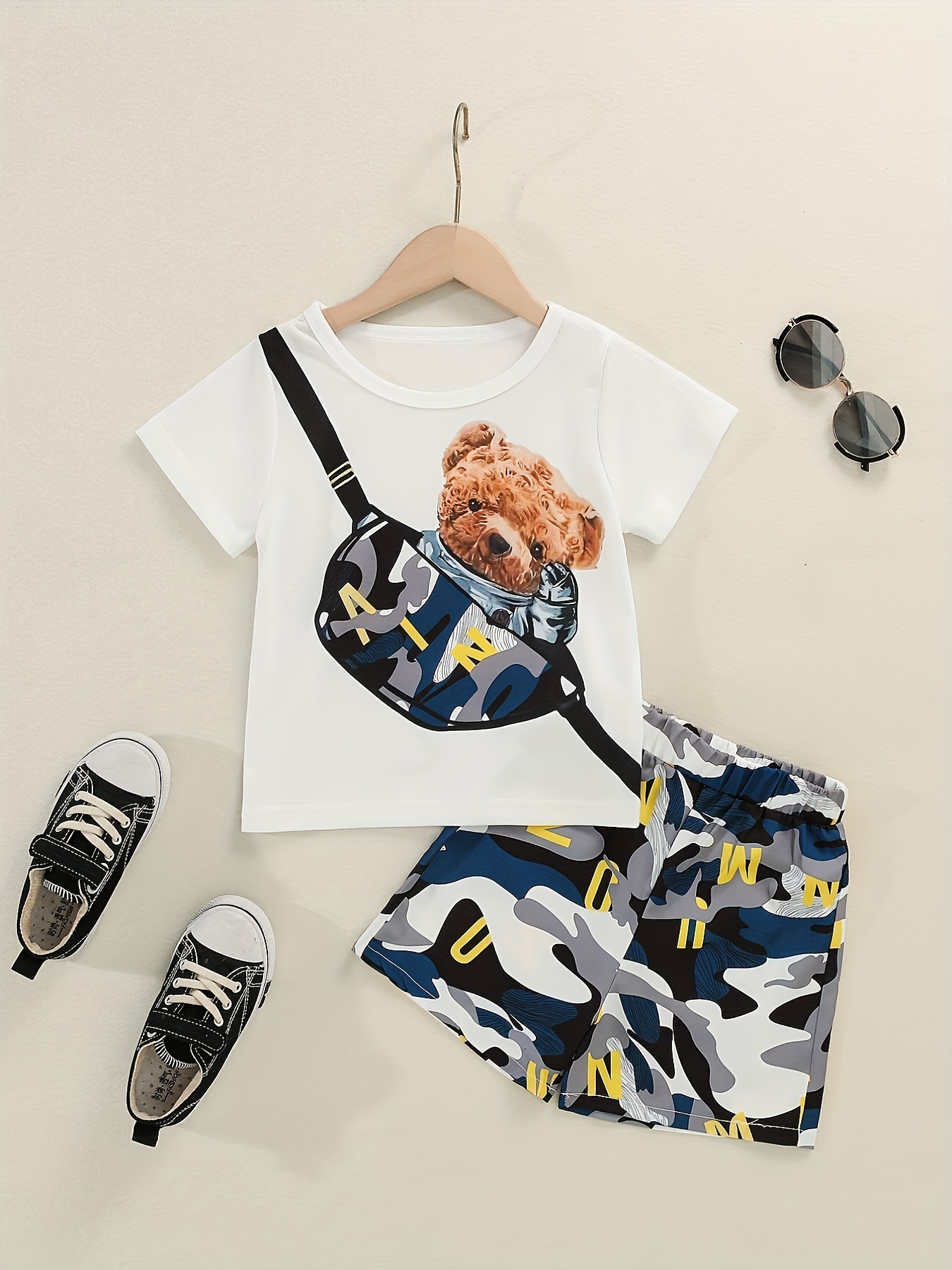 xkwyshop Toddler Kids Boys 2Pcs Outfit Letter Print Round Neck Short Sleeve  T-Shirt Camouflage Shorts Summer Set 