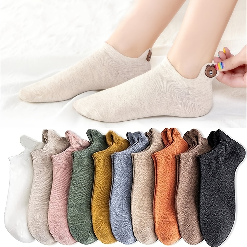 Cute Soft Ankle Socks Teddy Bear Embroidered Cotton Solid - Temu