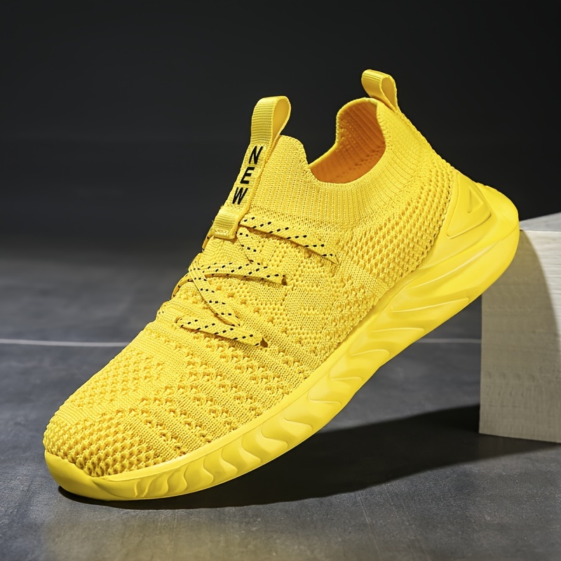 boys casual simple woven knit sneakers lace up breathable lightweight walking shoes for outdoor sports yellow details 3
