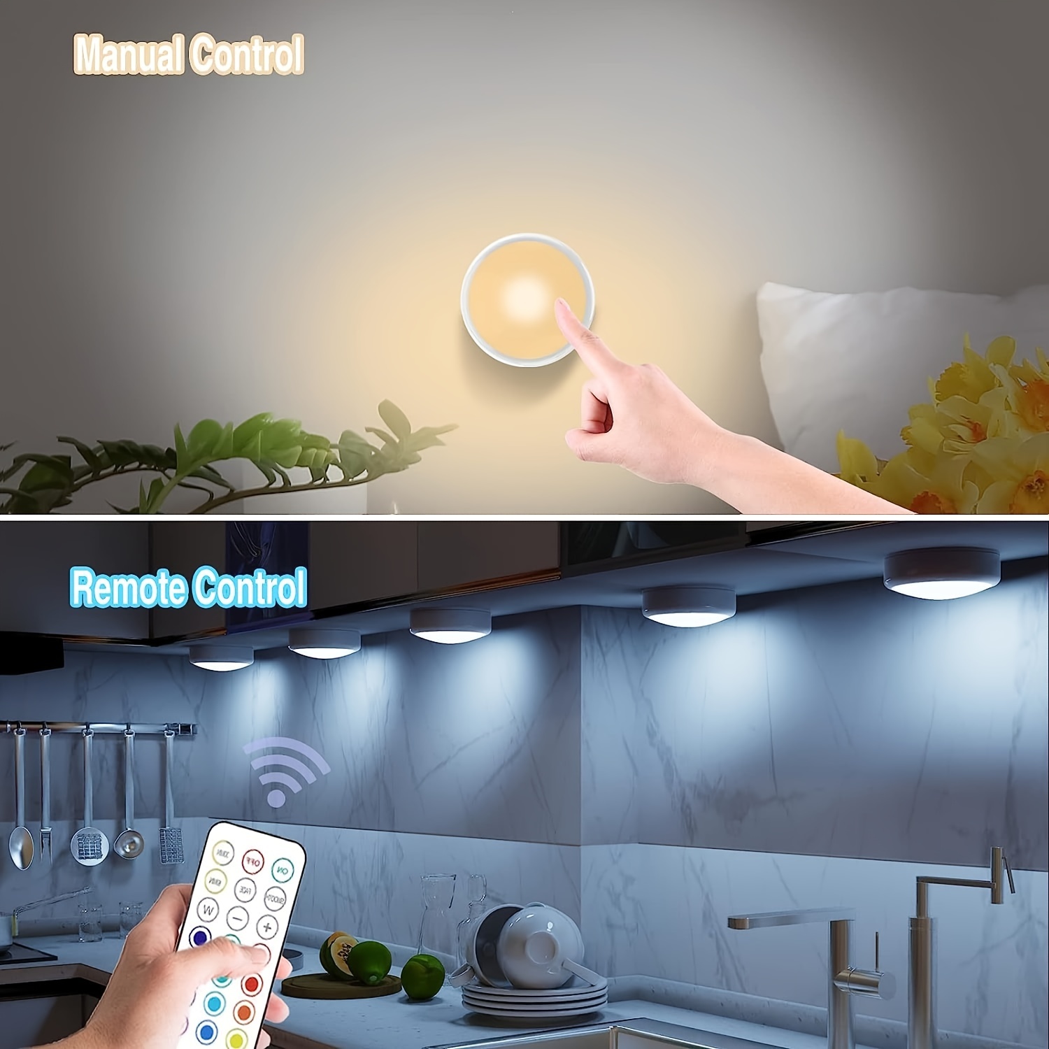 LED Puck Lights with Remote Control, Battery Operated Wireless Closet  Lights, Under Cabinet Lighting Stick on Tap Push Lights, Color Changing  Under