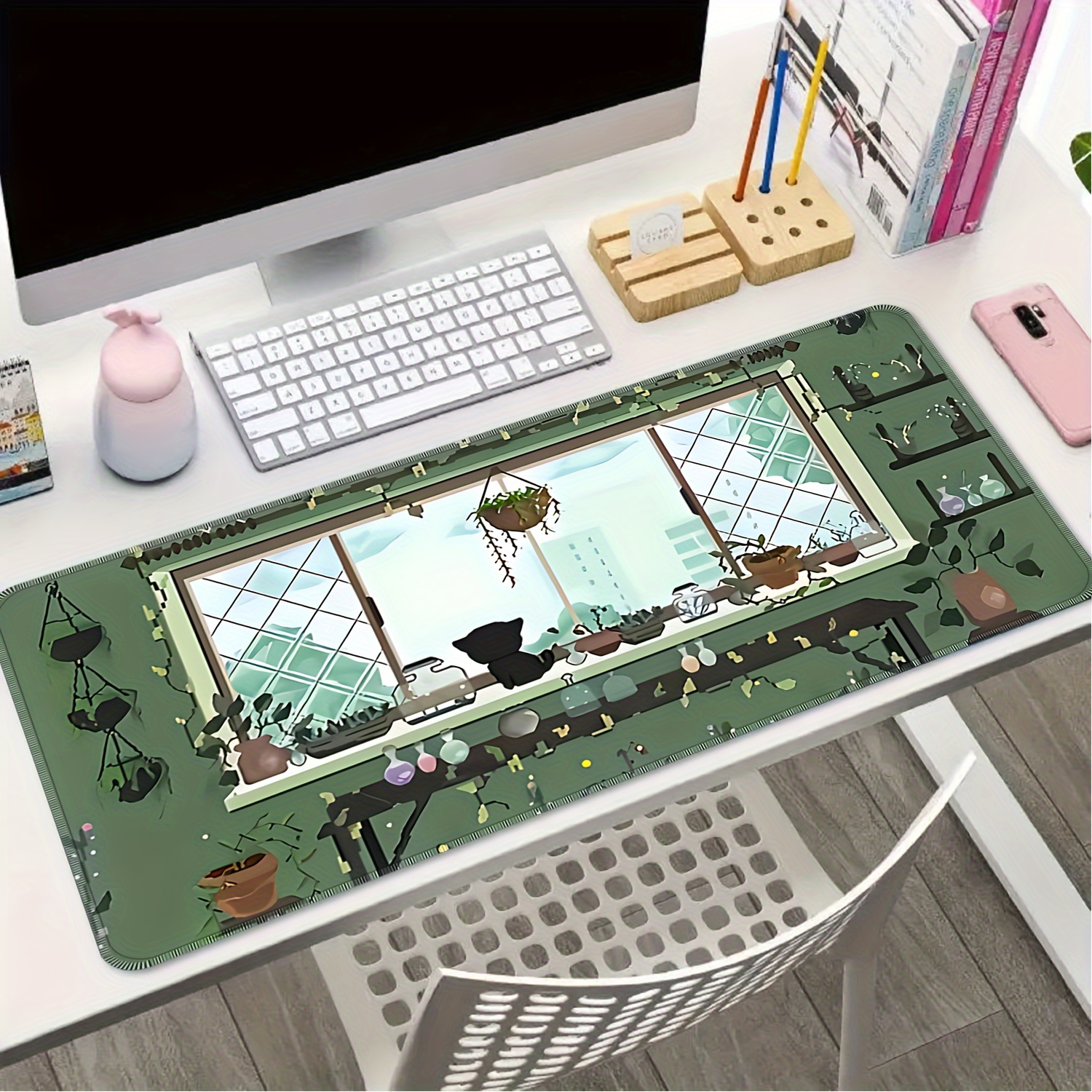 Cute Kawaii White Cat Anime Green Plant Leaves Desk Mat Large Mouse Pad  Gaming Desk Pad, XL Extended Mousepad Desk Accessories for Women Office  Decor