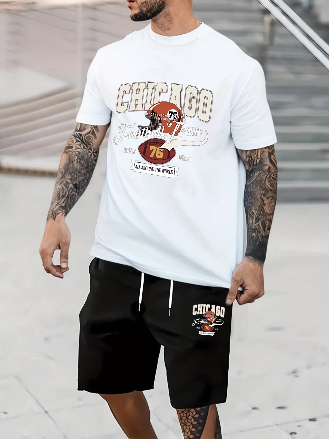 chicago'' Print,, Men's Short Sleeve Baseball Jersey Shirt And Drawstring  Shorts Set For Summer - Temu