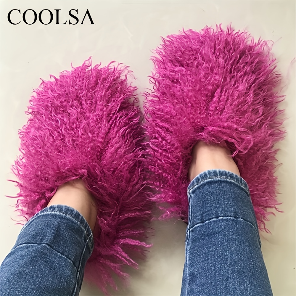 Women's Solid Color Faux Fur Slippers, Casual Slip On Flat Slippers,  Comfortable Furry Fur Indoor Slippers - Temu