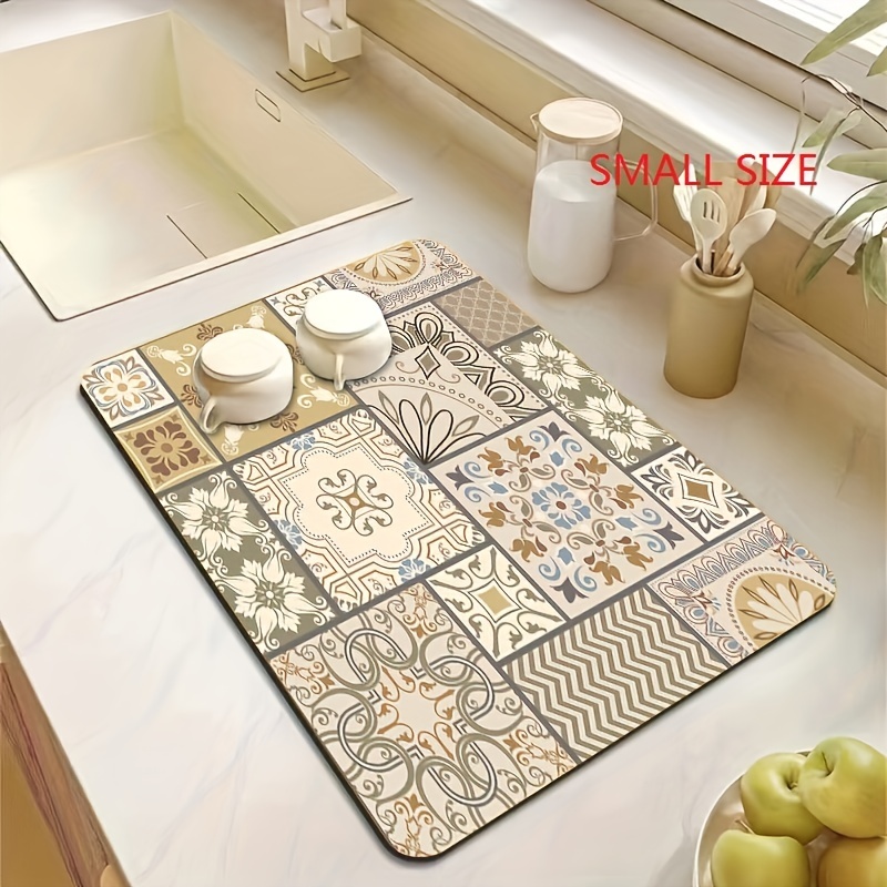 Beige Vintage Dish Drying Mat for Kitchen Counter Microfiber